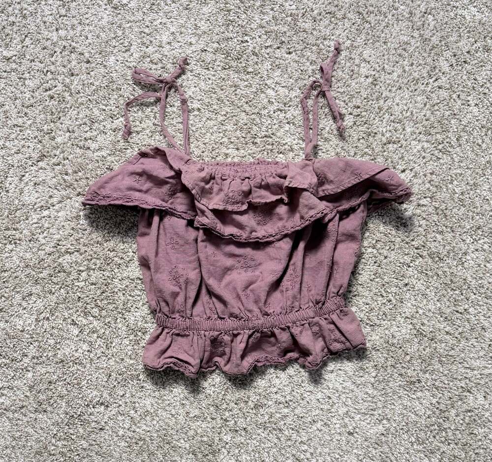 American Eagle Embroidered Ruffled Tie-Strap Crop Top
